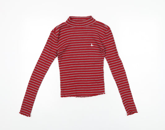 Jack Wills Womens Red Striped Cotton Basic T-Shirt Size 6 High Neck