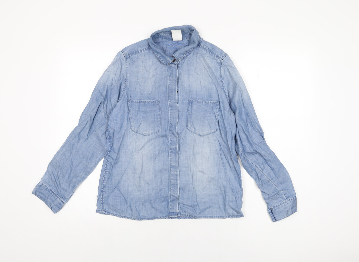 H&M Womens Blue Lyocell Basic Button-Up Size 6 Collared