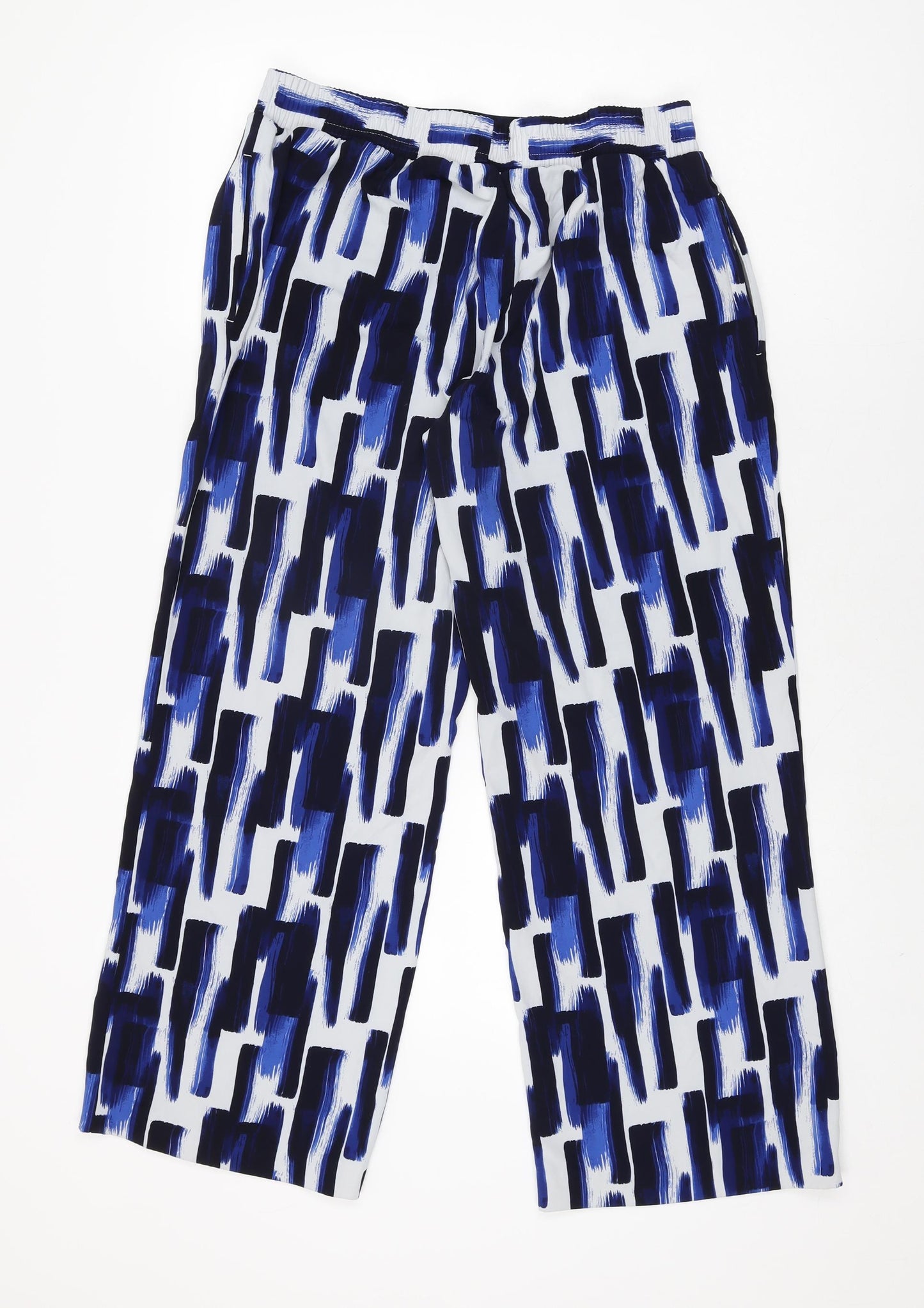 Marks and Spencer Womens Blue Geometric Polyester Trousers Size 14 L27.5 in Regular