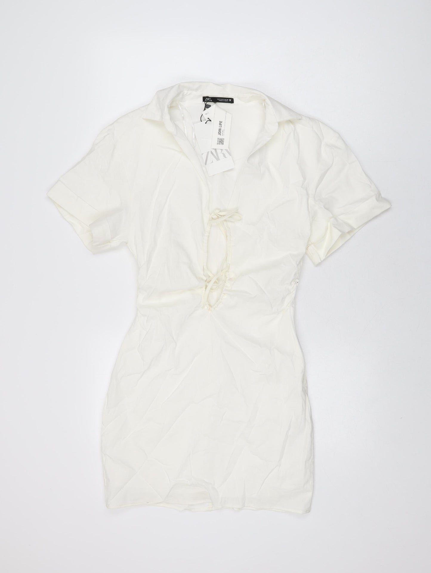 Zara Womens White Viscose Mini Size S Collared Tie