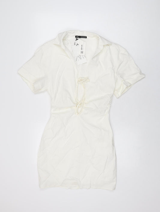 Zara Womens White Viscose Mini Size S Collared Tie