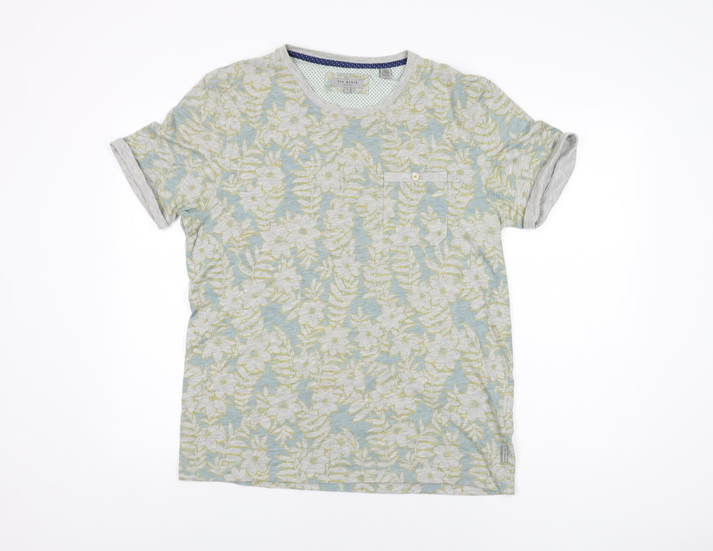 Ted Baker Womens Green Floral Cotton Basic T-Shirt Size 16 Round Neck