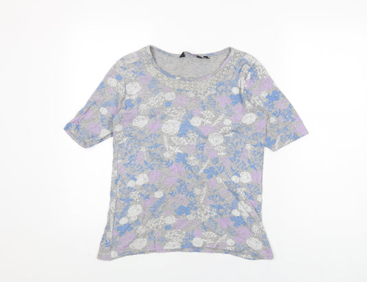 Isle Womens Grey Floral Cotton Basic T-Shirt Size S Round Neck