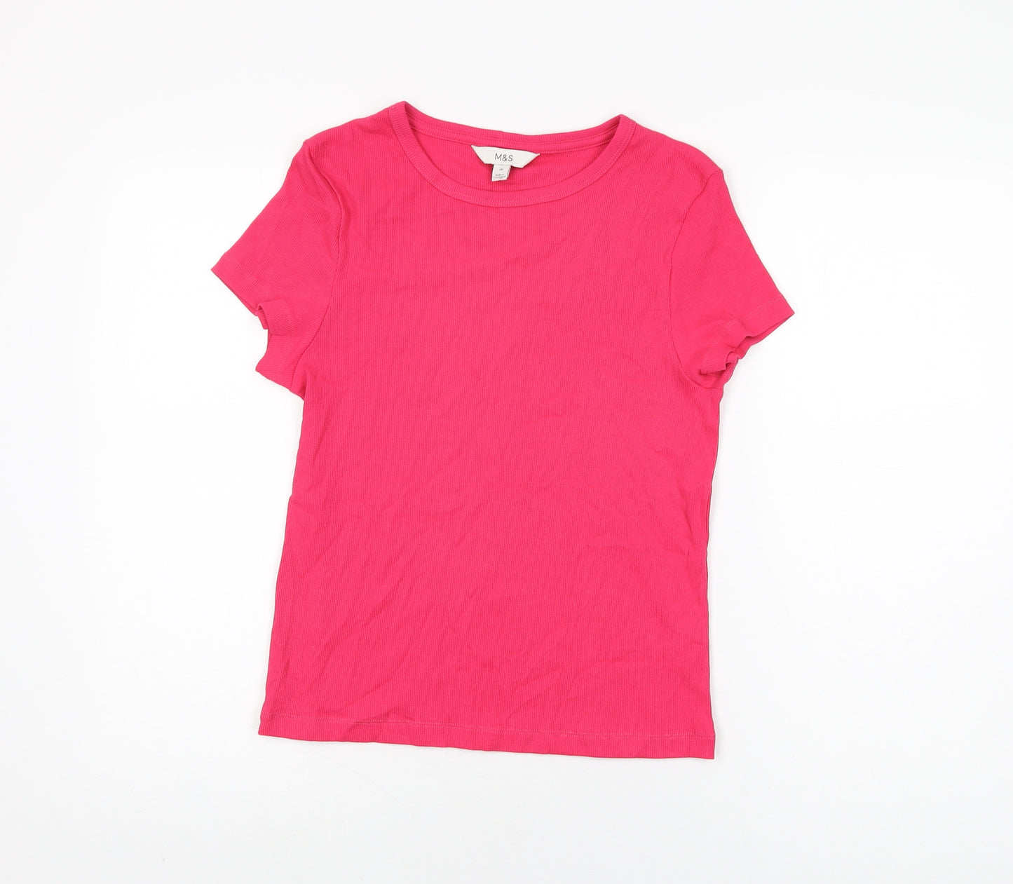 Marks and Spencer Womens Pink Cotton Basic T-Shirt Size 14 Round Neck