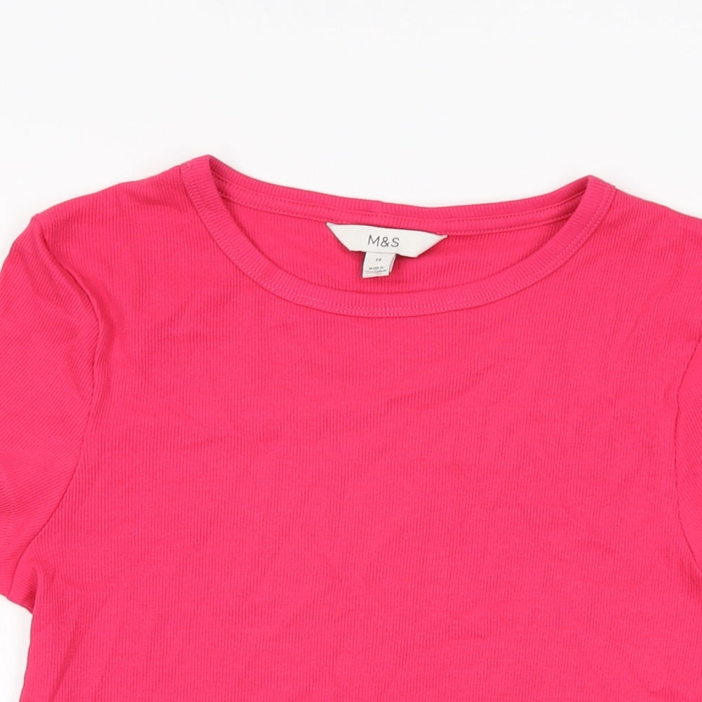 Marks and Spencer Womens Pink Cotton Basic T-Shirt Size 14 Round Neck