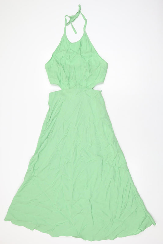 Zara Womens Green Linen A-Line Size S Halter Zip