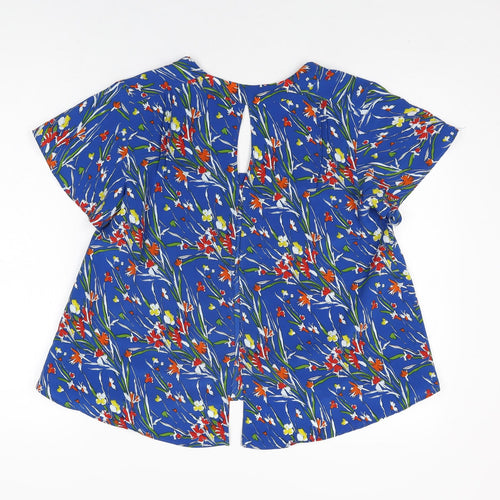 Zara Womens Blue Floral Polyester Basic Blouse Size S V-Neck