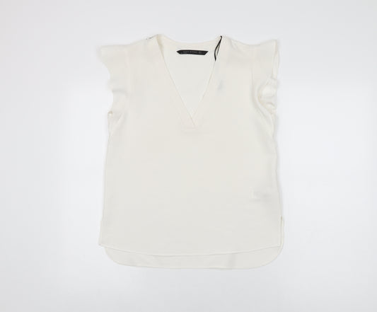 Zara Womens White Polyester Basic T-Shirt Size S V-Neck