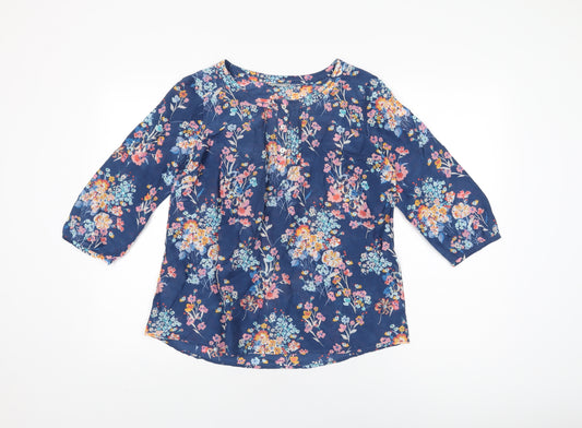 Marks and Spencer Womens Blue Floral Cotton Basic T-Shirt Size 12 Round Neck