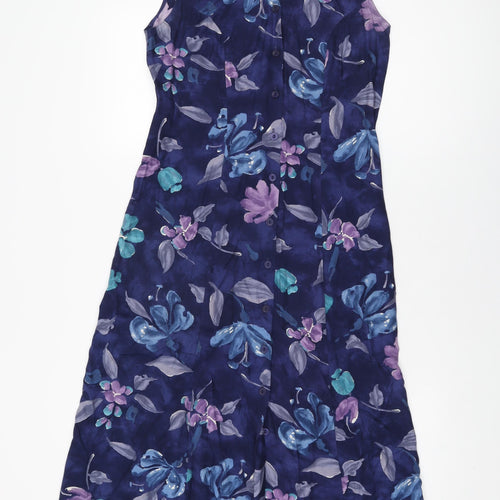 Marks and Spencer Womens Blue Floral Viscose A-Line Size 10 V-Neck Button