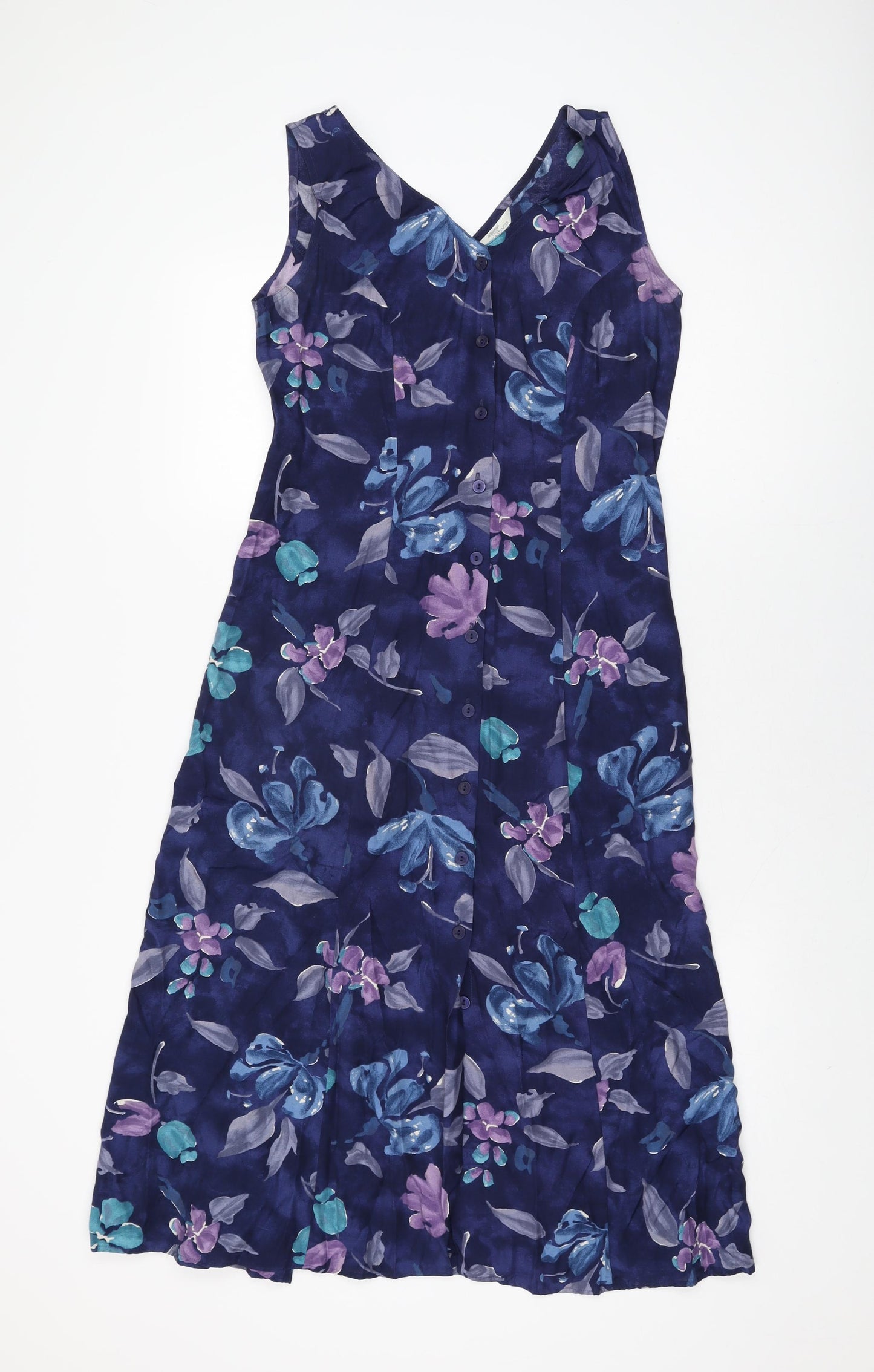 Marks and Spencer Womens Blue Floral Viscose A-Line Size 10 V-Neck Button