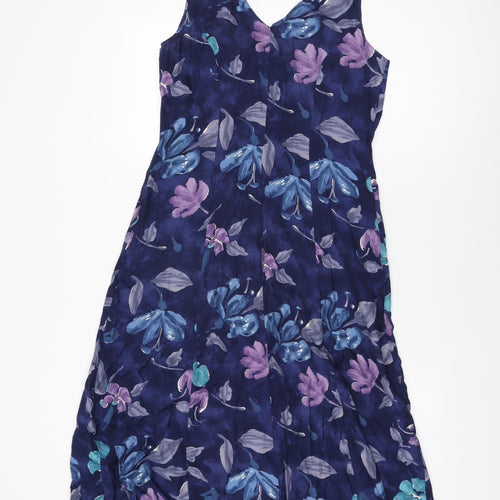 Marks and Spencer Womens Blue Floral Viscose A-Line Size 10 V-Neck Button