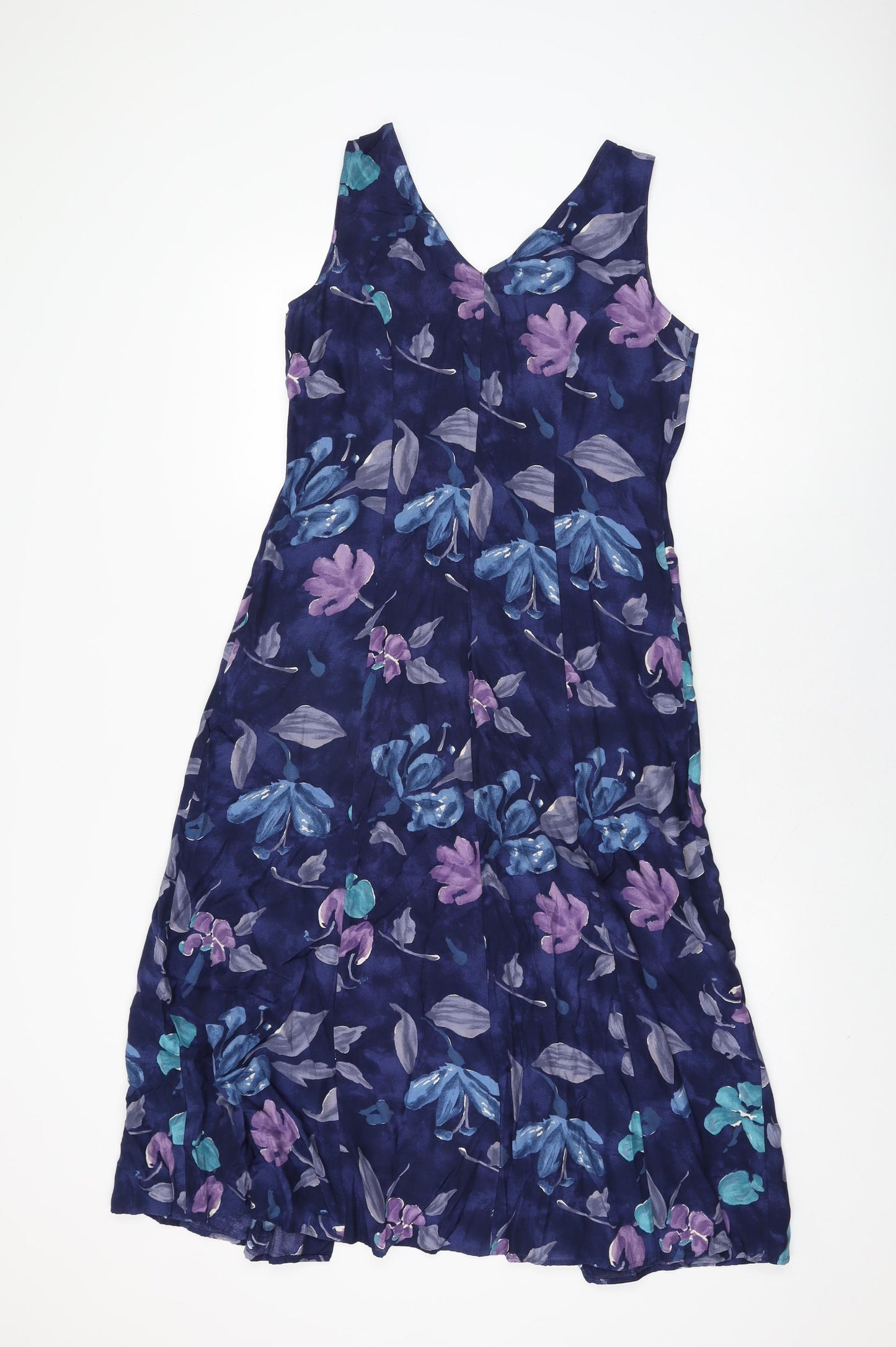 Marks and Spencer Womens Blue Floral Viscose A-Line Size 10 V-Neck Button