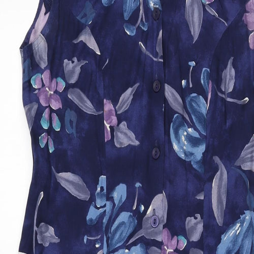 Marks and Spencer Womens Blue Floral Viscose A-Line Size 10 V-Neck Button