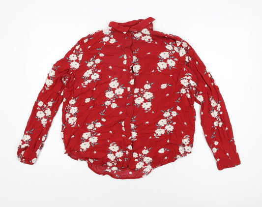 H&M Womens Red Floral Viscose Basic Button-Up Size 12 Collared