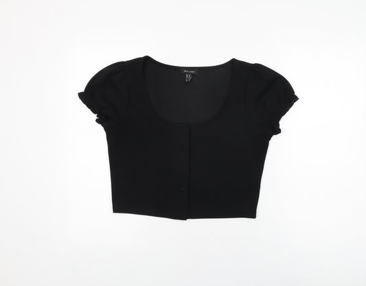 New Look Womens Black Polyester Cropped Button-Up Size 12 Round Neck