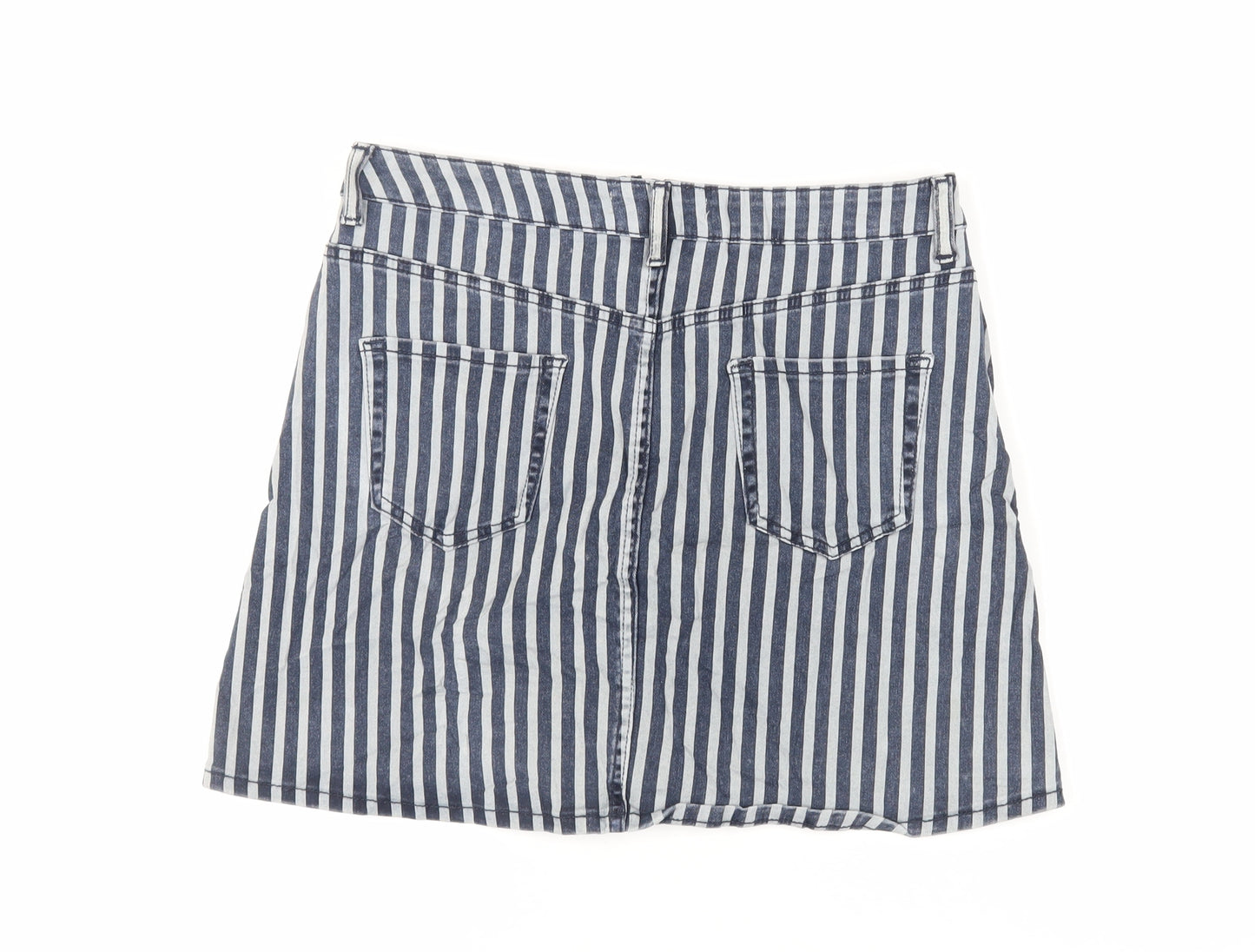 Denim & Co. Womens Blue Striped Cotton Mini Skirt Size 12 Zip - Pockets