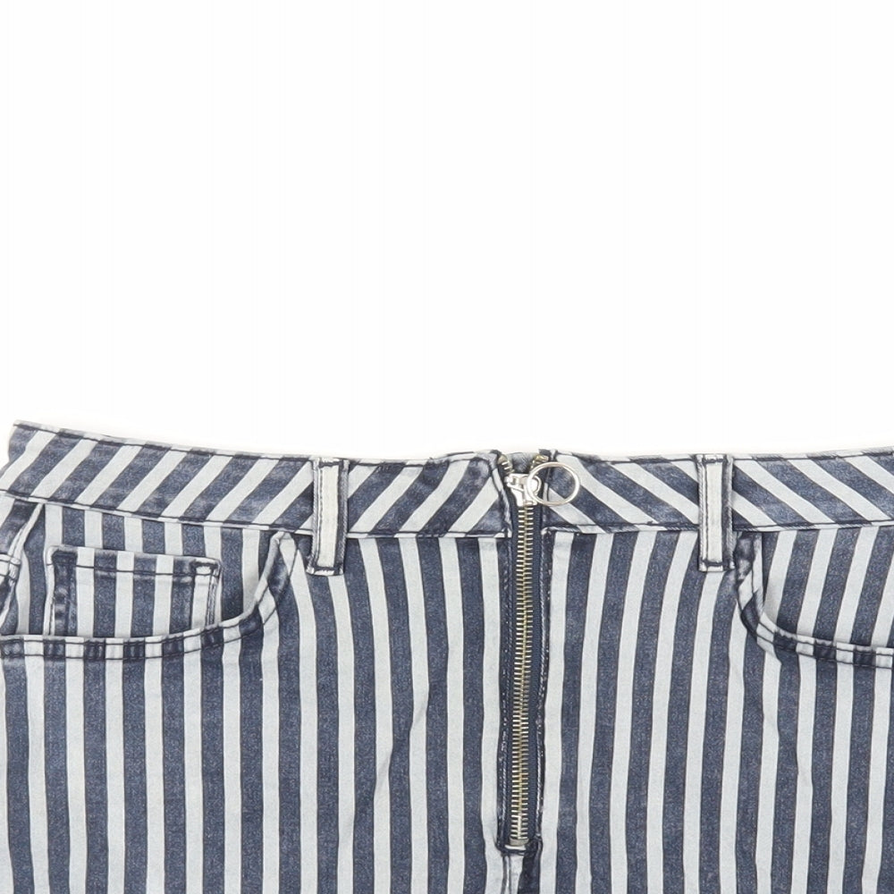 Denim & Co. Womens Blue Striped Cotton Mini Skirt Size 12 Zip - Pockets