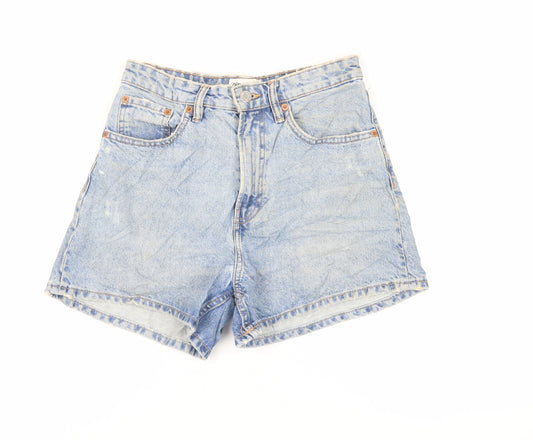 Zara Womens Blue Cotton Mom Shorts Size 8 L4 in Regular Zip - Distressed