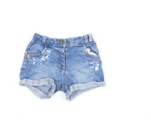 George Girls Blue Cotton Hot Pants Shorts Size 3-4 Years Regular Snap - Embroidered Flowers