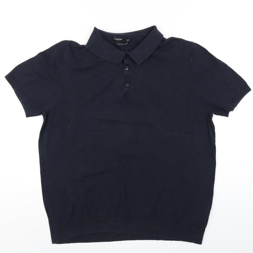 Autograph Mens Blue Silk Polo Size L Collared Button