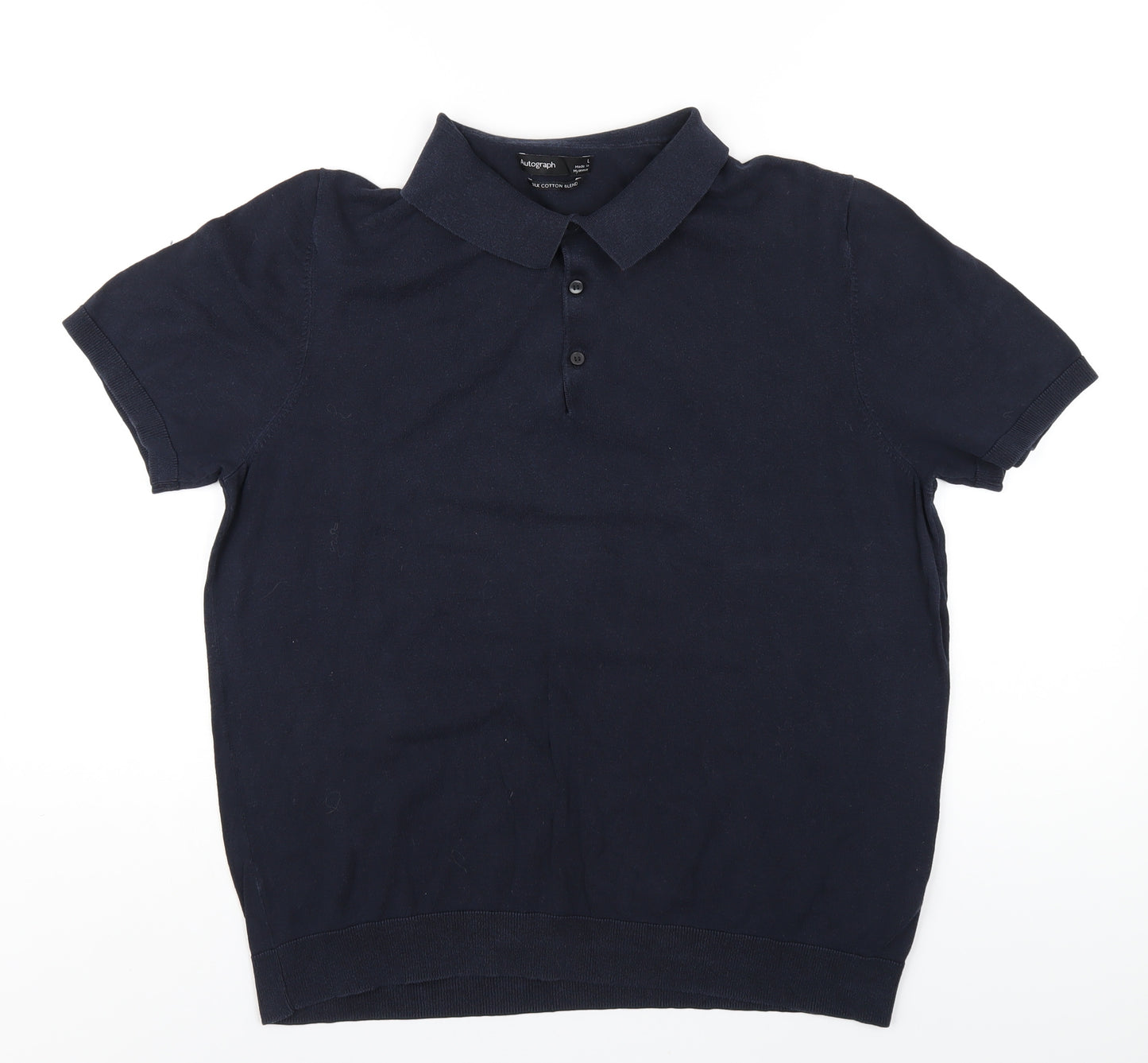 Autograph Mens Blue Silk Polo Size L Collared Button