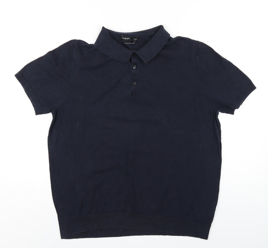 Autograph Mens Blue Silk Polo Size L Collared Button