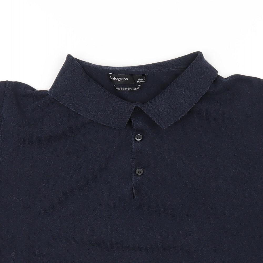 Autograph Mens Blue Silk Polo Size L Collared Button