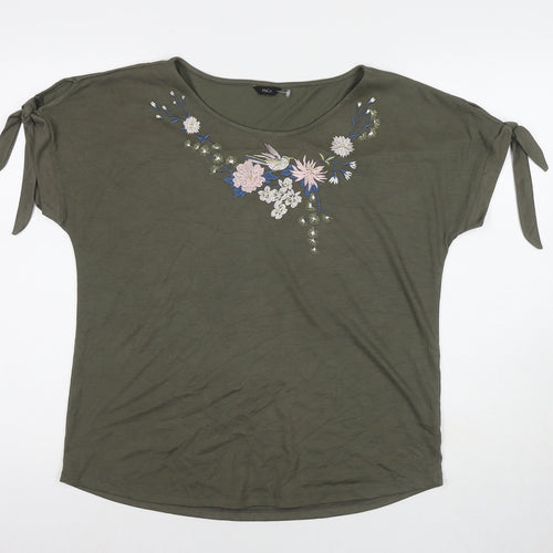 M&Co Womens Green Modal Basic T-Shirt Size 14 Round Neck - Flowers