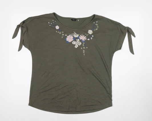 M&Co Womens Green Modal Basic T-Shirt Size 14 Round Neck - Flowers