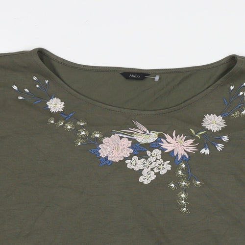 M&Co Womens Green Modal Basic T-Shirt Size 14 Round Neck - Flowers