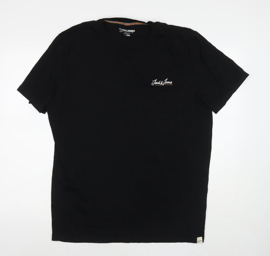 JACK & JONES Mens Black Cotton T-Shirt Size 2XL Round Neck