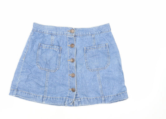 FOREVER 21 Womens Blue Cotton Mini Skirt Size 12 Button - Pockets