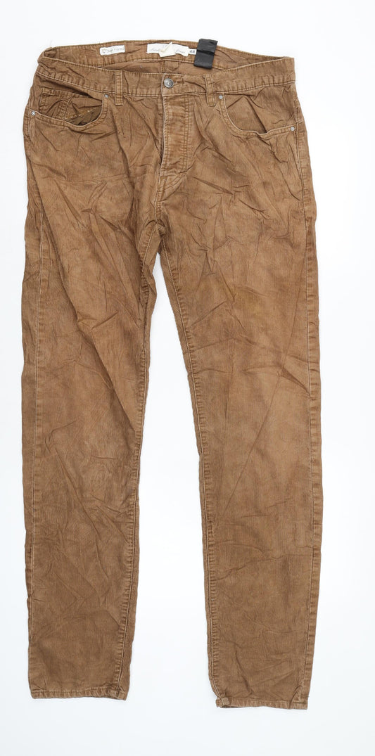 H&M Mens Brown Cotton Trousers Size 34 in L32 in Regular Zip