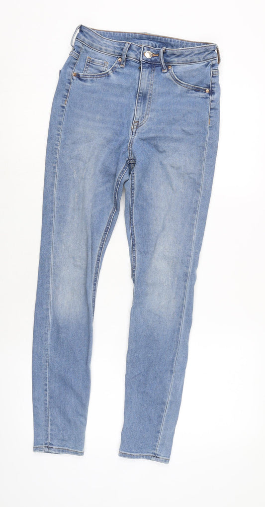 H&M Womens Blue Cotton Blend Tapered Jeans Size 8 L26 in Regular Zip - Distressed