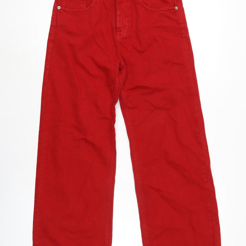 Zara Womens Red Cotton Wide-Leg Jeans Size 6 L26 in Regular Zip