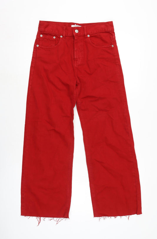 Zara Womens Red Cotton Wide-Leg Jeans Size 6 L26 in Regular Zip