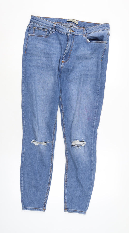 Denim & Co. Womens Blue Cotton Blend Tapered Jeans Size 14 L27 in Regular Zip - Distressed