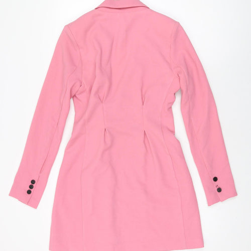 Bershka Womens Pink Polyester Jacket Dress Size S V-Neck Button