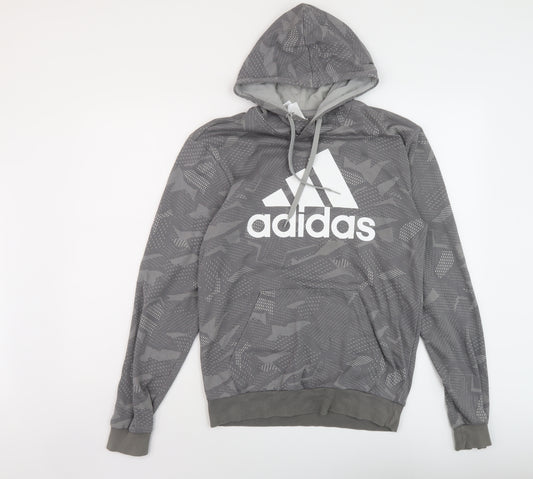 adidas Mens Grey Geometric Polyester Pullover Hoodie Size S