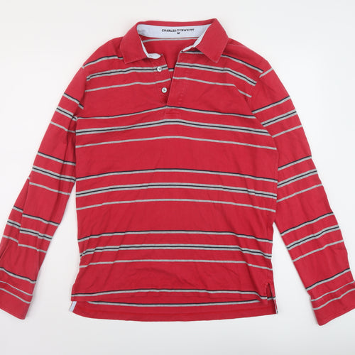 Charles Tyrwhitt Mens Red Striped Cotton Polo Size M Collared Button