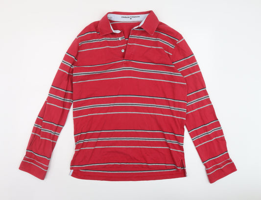 Charles Tyrwhitt Mens Red Striped Cotton Polo Size M Collared Button