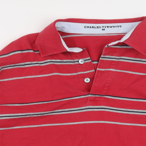 Charles Tyrwhitt Mens Red Striped Cotton Polo Size M Collared Button