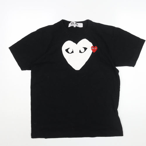 Comme Des Garcons Mens Black Cotton T-Shirt Size L Crew Neck - Heart Print Applique