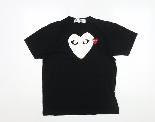 Comme Des Garcons Mens Black Cotton T-Shirt Size L Crew Neck - Heart Print Applique