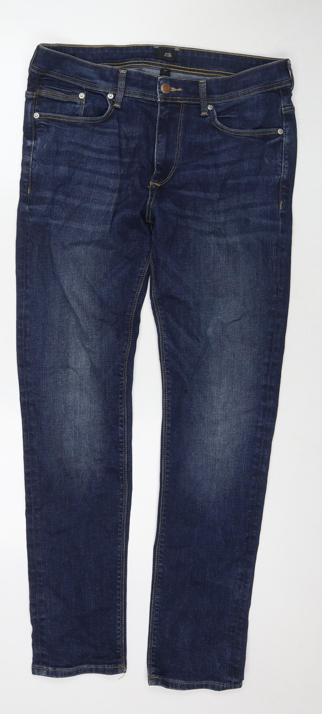 River Island Mens Blue Cotton Straight Jeans Size 32 in L32 in Regular Zip