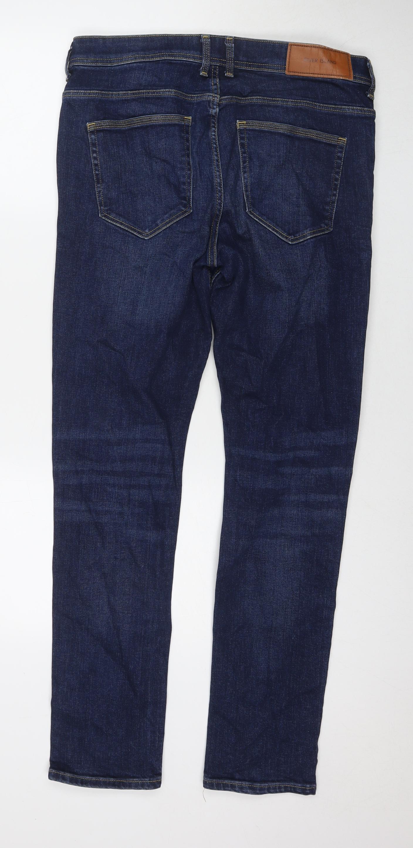 River Island Mens Blue Cotton Straight Jeans Size 32 in L32 in Regular Zip