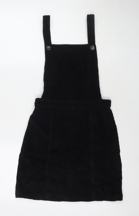 Topshop Womens Black Cotton Pinafore/Dungaree Dress Size 10 Square Neck Zip