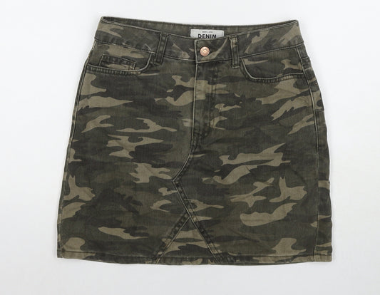 New Look Womens Green Camouflage Cotton A-Line Skirt Size 8 Zip