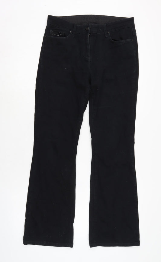 Marks and Spencer Womens Black Cotton Blend Bootcut Jeans Size 12 L28.5 in Regular Zip - Beaded detail to pockets.